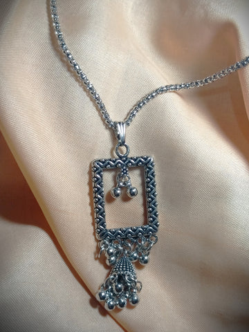 Antique Silver-Plated Necklace with Traditional Jhumka Pendant