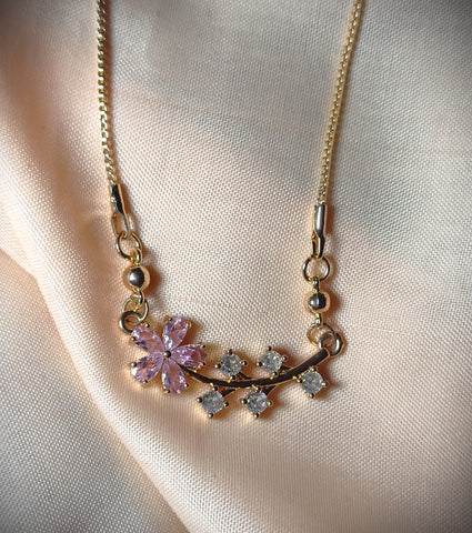 Delicate Floral Gold Necklace with Pink and White Stones